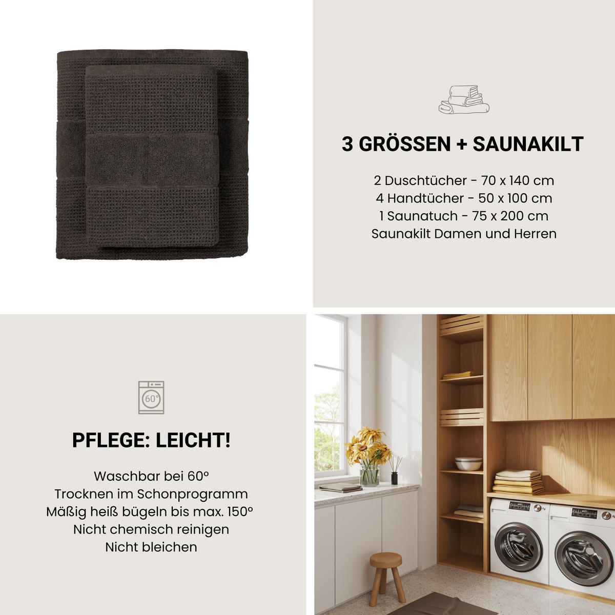 HANDTUCHSET Turin - 4-teilig - 50 x 100 cm - Dunkelgrau - Dunkelgrau, Textil (50/100cm) - SCHIESSER