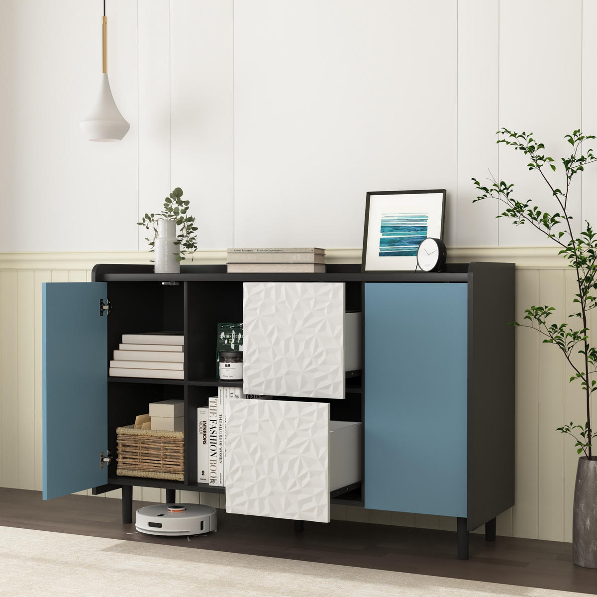 SIDEBOARD 120/40/80 cm, Schwarz/Blau, mit 2 Schubladen, offenem Fach und Schrank, Schwarz/Blau - Blau, Holzwerkstoff (120/80/40cm) - Redom