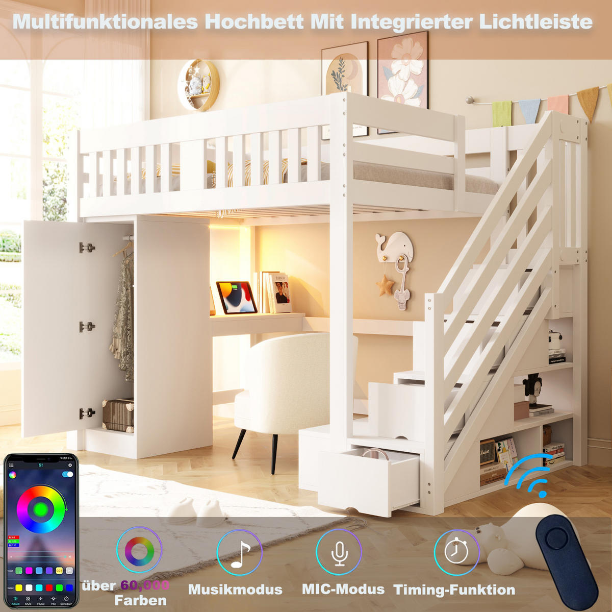 HOCHBETT 140/200 cm Weiß mit Stauraumtreppe, Schreibtisch und LED - Weiß, Holz (140/200cm) - MIVRAY