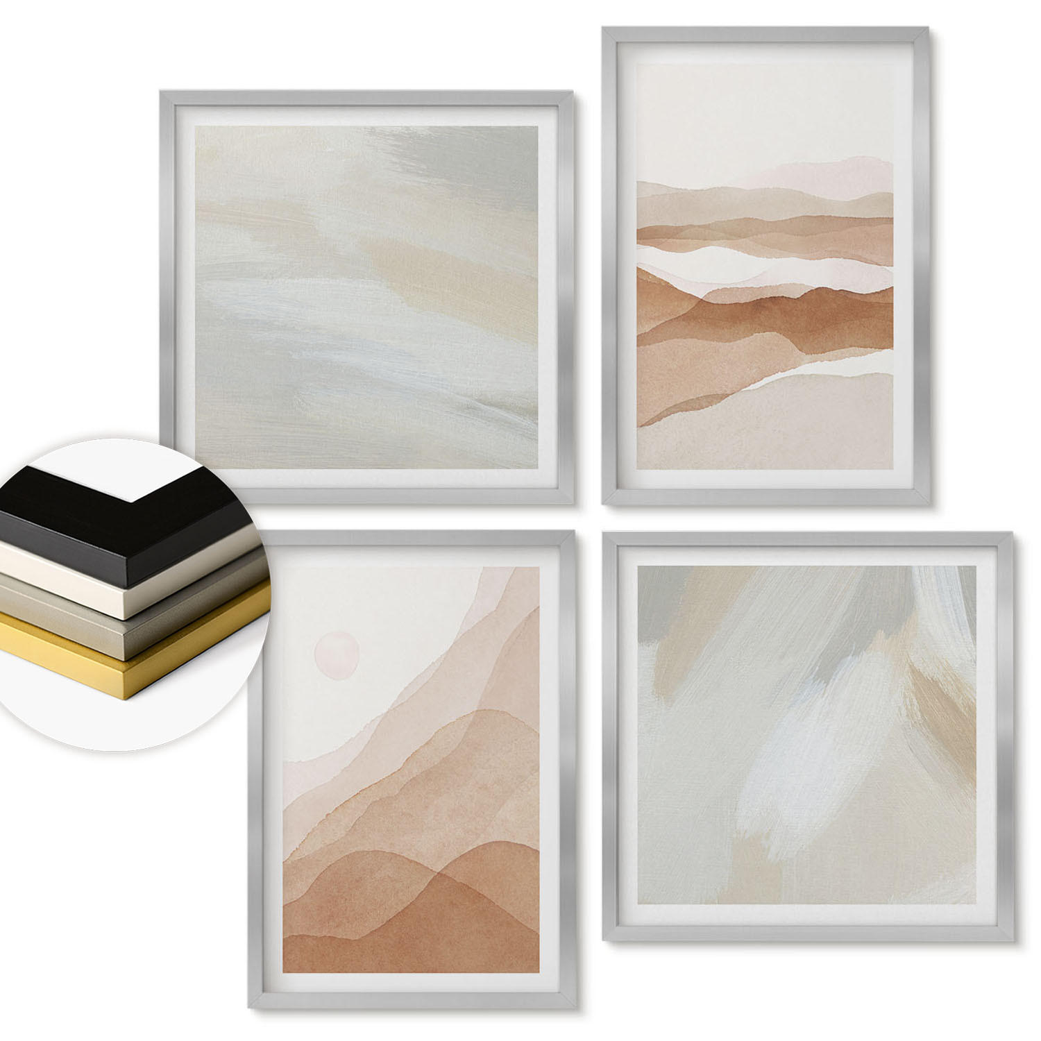 WANDBILDER 4er Set - 50x50 cm & 40x60 cm Silberner Rahmen - Abstrakte braune Landschaften - Silberfarben, Kunststoff (50/50cm) - ArtPrintCave