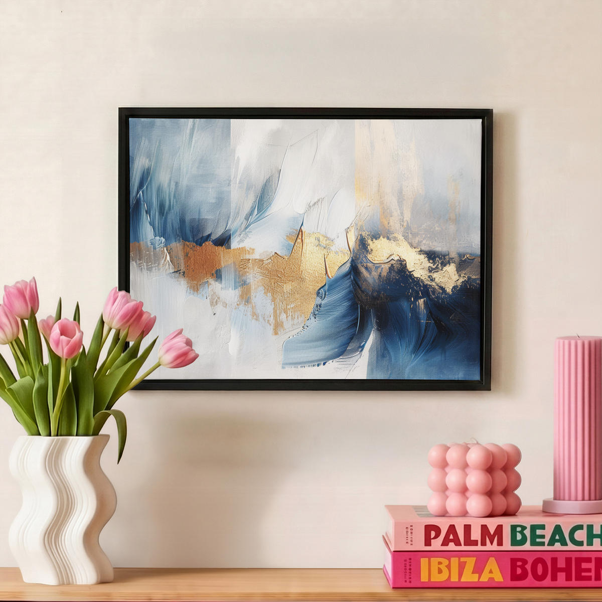 LEINWAND Bilder mit Rahmen - Gold - Blau - Aquarell - Kunst - Modern - 40x30 - Hellblau, Textil (40/30cm) - MuchoWow
