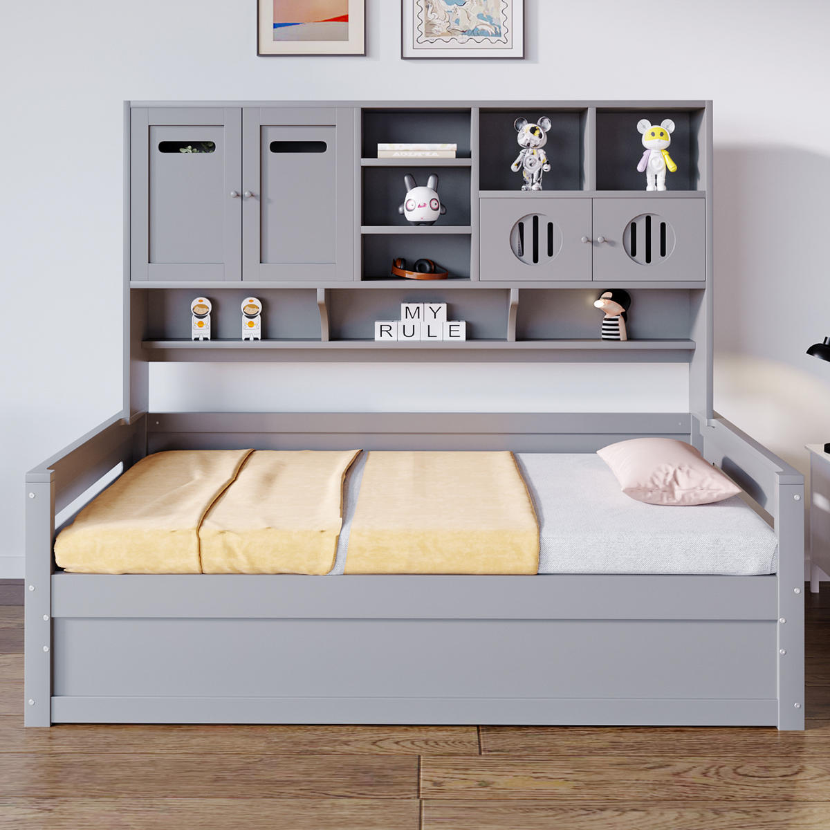 BETT 90/200 cm mit hydraulischem Bettmechanismus und Stauraum Grau Holz - Grau, Holz (90/200cm) - OKWISH