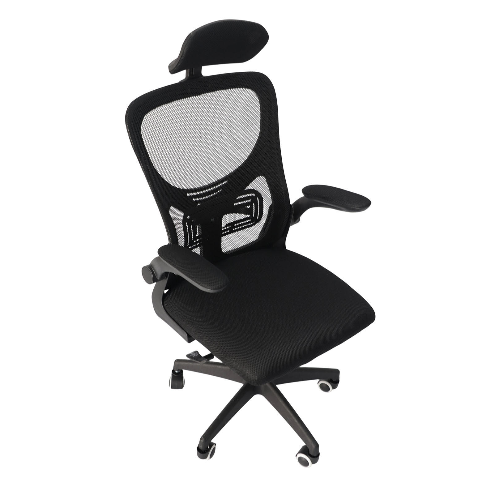 BÜROSTUHL ergonomisch Schwarz – Mesh Drehstuhl mit hoher Rückenlehne, Lendenstütze, 3D Kopfstütze & klappbaren Armlehnen - Schwarz, Kunststoff (51/58/26cm) - Ej. Life