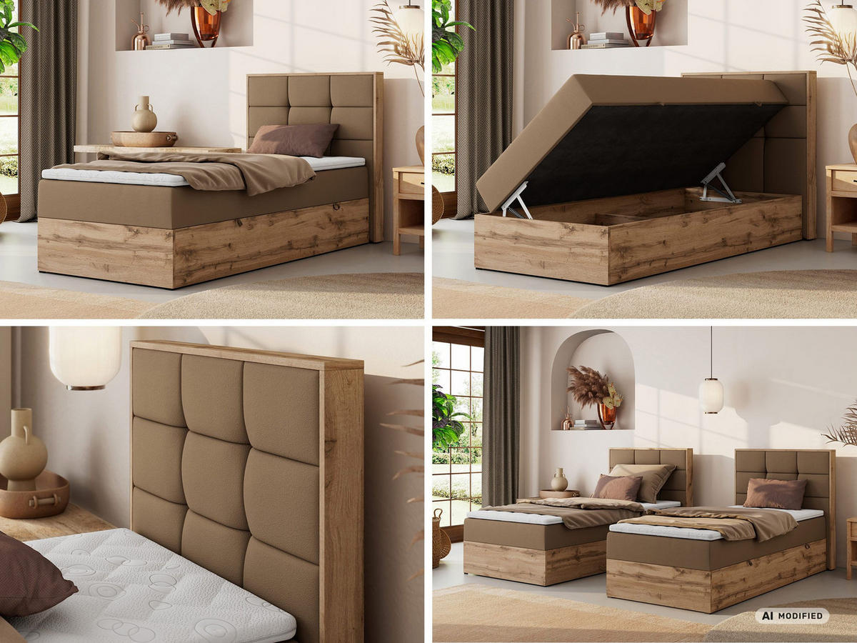 BOXBETT ALBERO 1 90/200 - Braun Kunstleder - Topper T25 - H3 - Links - Schwarz/Braun, Kunststoff/Textil (90/200cm) - MKS