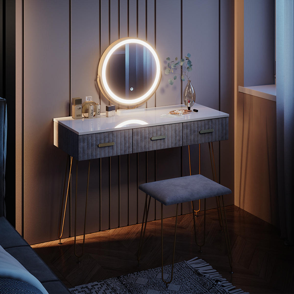 SCHMINKTISCH Layla Grau 100 cm mit LED Beleuchtung und Hocker - Grau, Holzwerkstoff (100/79/40cm) - Vicco