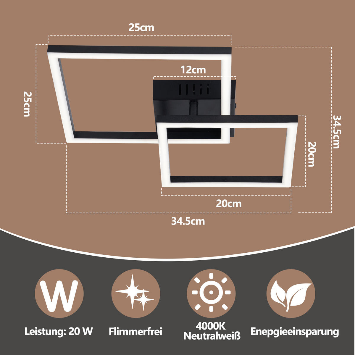 LED DECKENLEUCHTE Belwynne 34.5/34.5/6.7 cm - Schwarz, Kunststoff (34.5/34.5/6.7cm) - ZMH