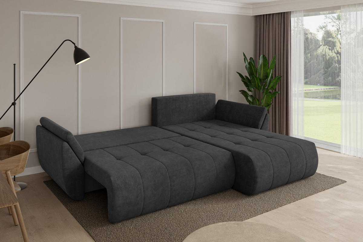 ROHOVÁ SEDAČKA s funkcí spaní, otoman vpravo TOKO-L 277x194x86 tmavě šedá velur - černá/antracitová, kompozitní dřevo/textil (277/194cm) - ALTDECOR