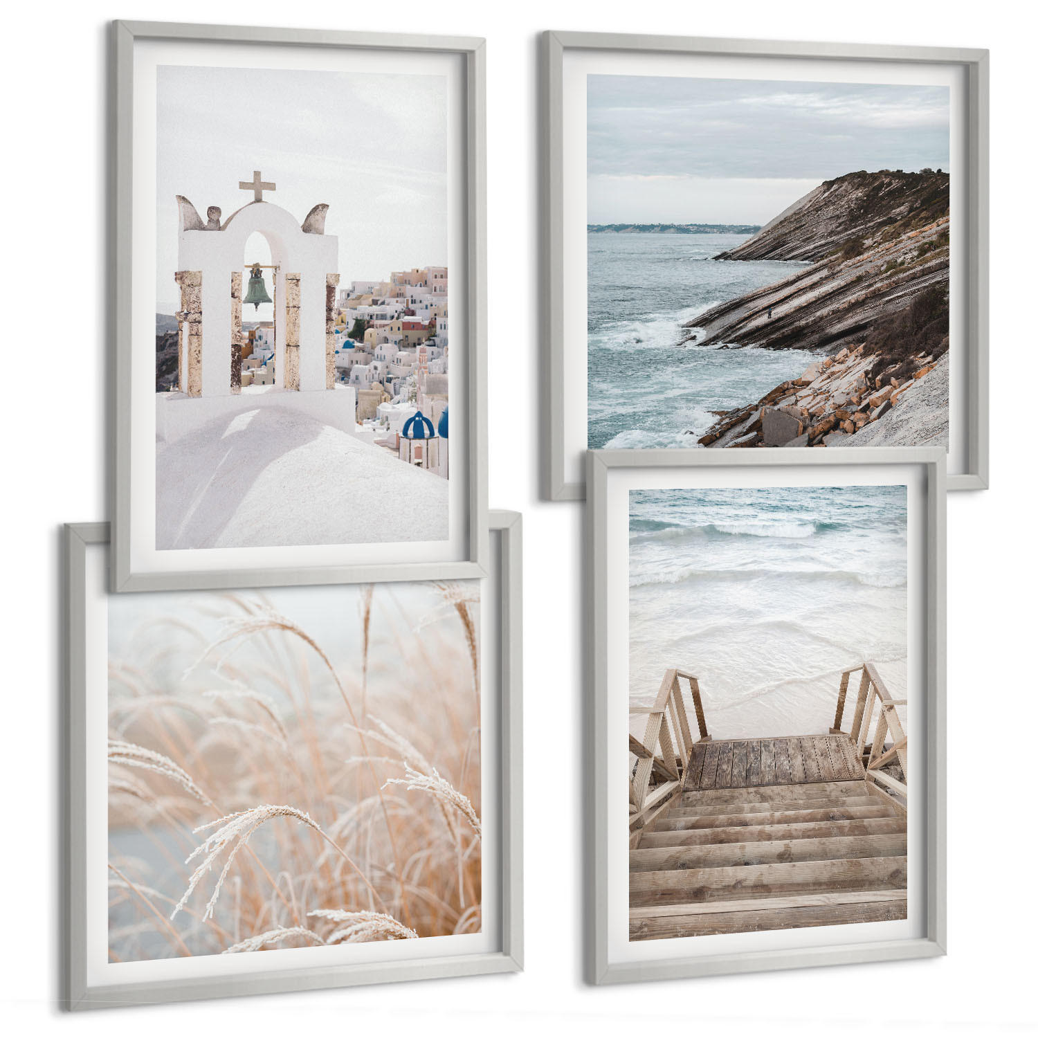 BILDER SET 4er Set - 50x50 cm & 40x60 cm Silberner Rahmen - Meeresarchitektur Santorin - Silberfarben, Kunststoff (50/50cm) - TULUP