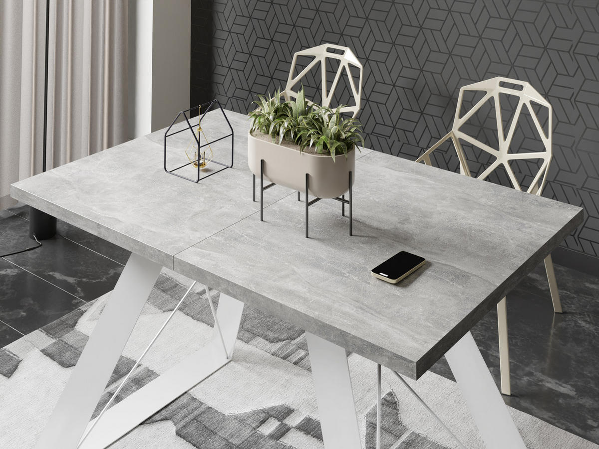 ESSTISCH Colter Weiß rechteckig ausziehbar, Grauer Beton 140-240/80/76 cm - Hellgrau/Weiß, Holzwerkstoff/Metall (140/80/76cm) - WFL GROUP