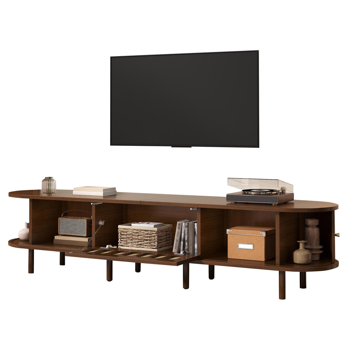 TV-LOWBOARD aus MDF 180x40x40 cm Walnussfarben mit Klapptür, 2 Rolltüren und 5 geschlossenen Fächern - Braun, Holzwerkstoff (180/40/40cm) - Modfu