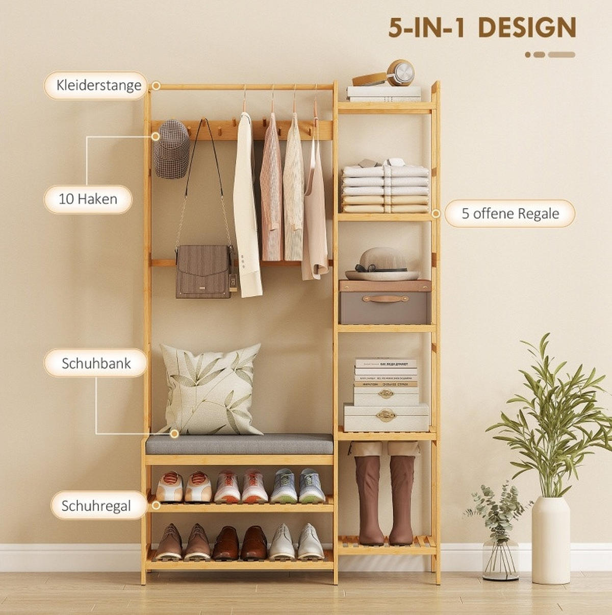 STANDGARDEROBE 104/33/175 cm mit 10 Haken, Schuhablage, Sitzbank aus Bambus - Naturfarben, Naturmaterialen (104/175/33cm) - BEAOK