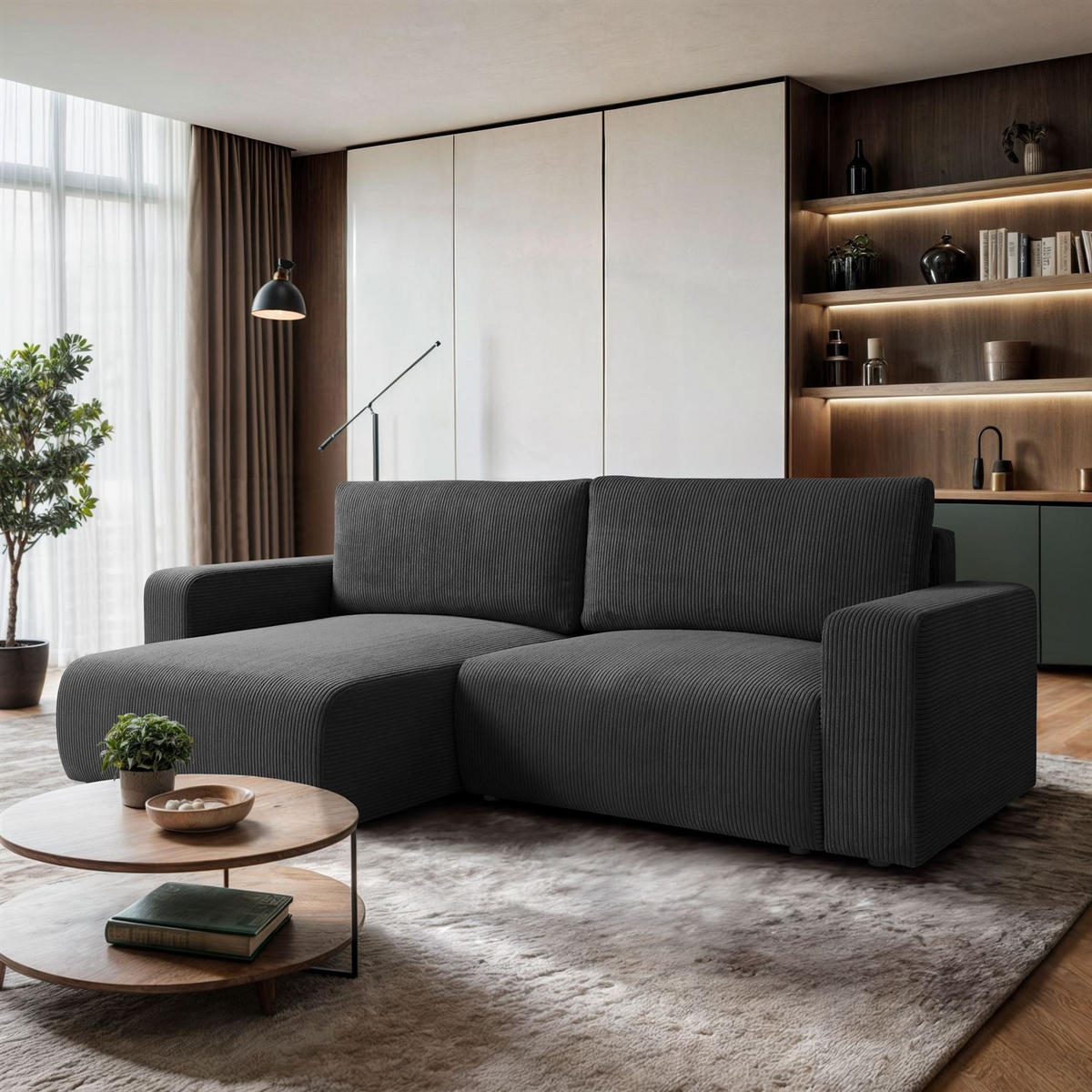 ECKSOFA OPERA L-Form mit Schlaffunktion und Bettkasten, Poso 34 - Graphitfarben, Textil (247/143cm) - Lookway