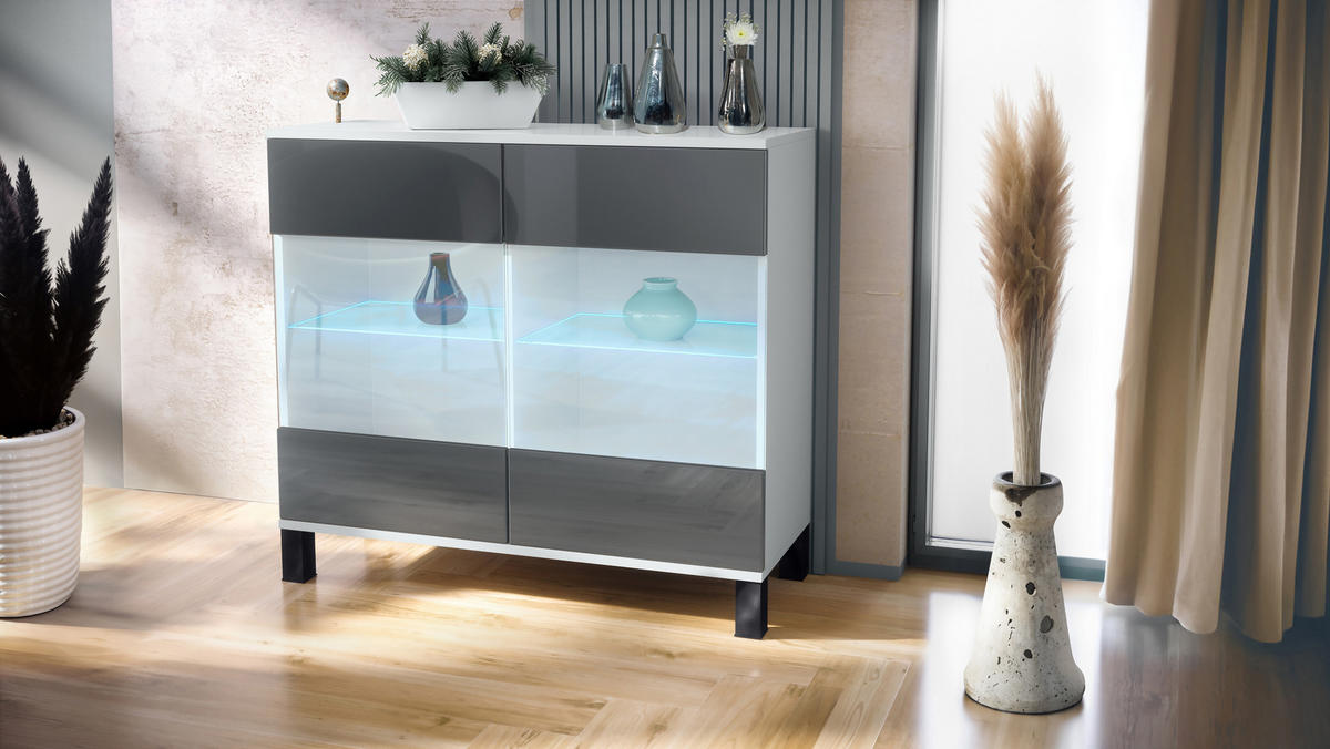 KOMMODE Bari Grau Hochglanz - Grau, Holzwerkstoff (92.5/84.5/35cm) - Vladon