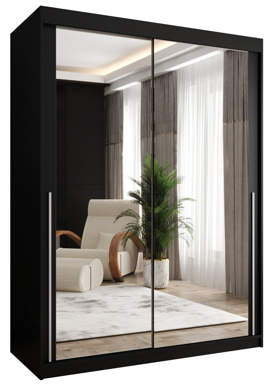 SCHIEBETÜRENSCHRANK mit Spiegel 150 cm Breite, schwarz mit silbernem Griff - Silberfarben/Schwarz, Holzwerkstoff (150/200/62cm) - Home Collective