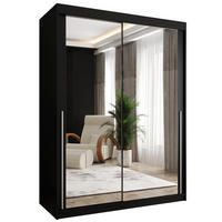 SCHIEBETÜRENSCHRANK mit Spiegel 150 cm Breite, schwarz mit silbernem Griff - Silberfarben/Schwarz, Holzwerkstoff (150/200/62cm) - Home Collective