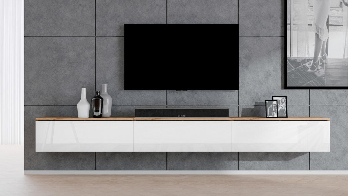 LOWBOARD Loriano 3x100 Eiche Wotan, Weiß Hochglanz 300/34/32 cm – TV Board - Braun/Weiß, Holzwerkstoff/Kunststoff (300/34/32cm) - AX Living