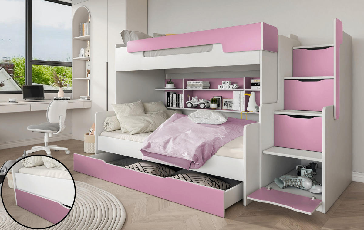 ETAGENBETT HARRY 260x129 cm – Stockbett für 2 Personen mit Treppe, Stauraum und 2 Matratzen - Rosa, Holz (120/200cm) - Wohnideebilder