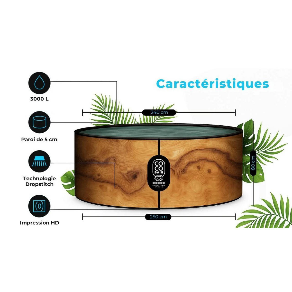 POOL Aruba aufblasbar Durchmesser 250 cm - 2700 Liter - Motor 2240 W - Für bis zu 6 Personen - Braun, Kunststoff (250/70/70cm) - COCO SPA