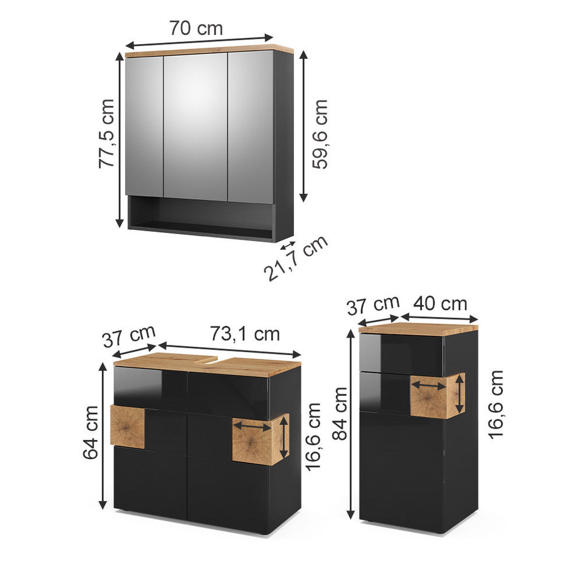 BADMÖBEL-SET Eden Anthrazit 3 Teile - Anthrazit/Eiche Artisan, Holzwerkstoff (73/64/37cm) - Vicco