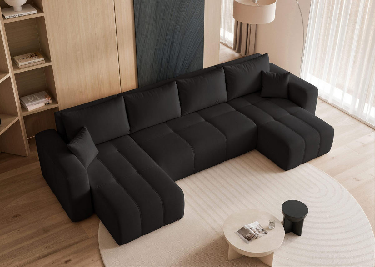 WOHNLANDSCHAFT U-Form Velours mit Bettkasten und Schlaffunktion - Schwarz, Holzwerkstoff/Textil (318/79/145cm) - Idohome