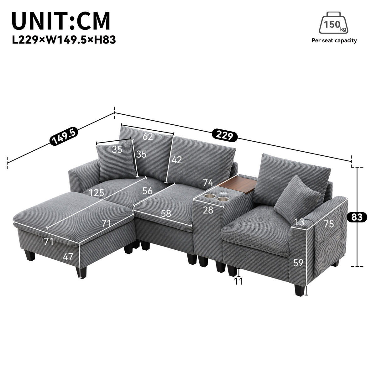 ECKSOFA Cord mit Konsole USB-Anschluss und Becherhalter 229/149,5/83 cm Grau - Grau, Kunststoff/Textil (83/149.5cm) - Redom