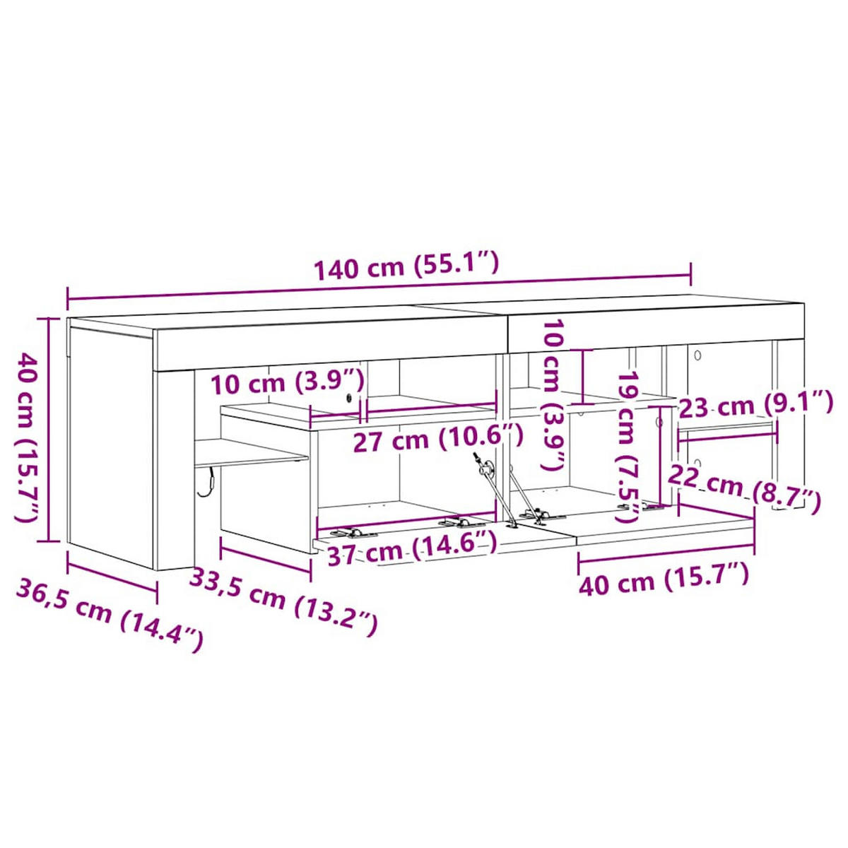 LOWBOARD mit Led-Beleuchtung 140/36,5/40 cm aus Holzwerkstoff in Schwarz - Schwarz, Holz (140/40/35cm) - vidaXL