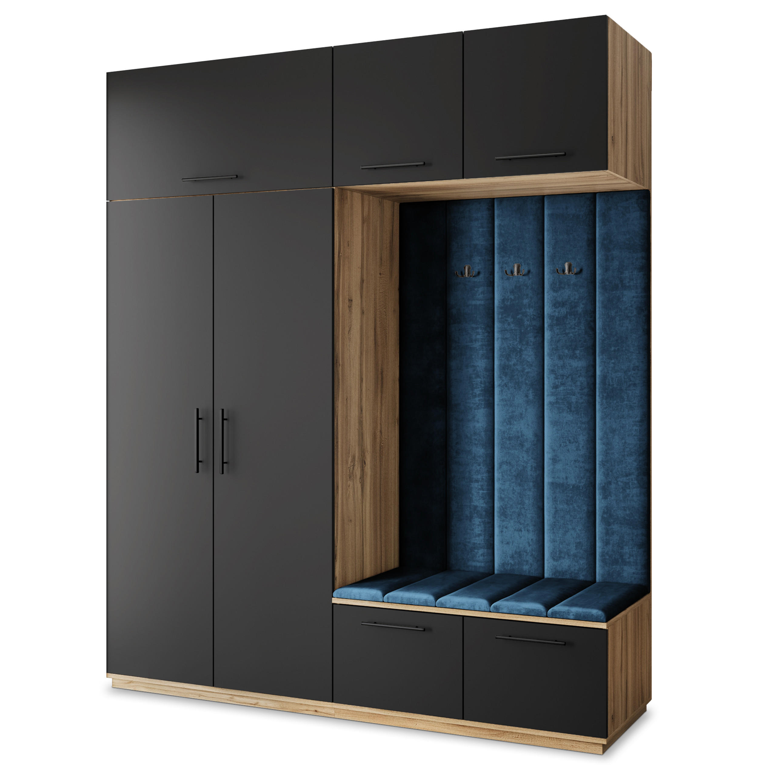 Masseno Garderobenschrank Eiche Wotan, Schwarz, Blau 200x240x60 cm