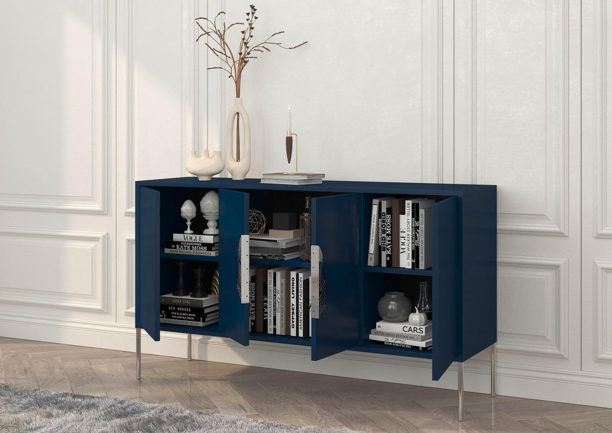 SIDEBOARD Merlin, Marinblau, Silberfarbene Details - Silberfarben/Dunkelblau, Holzwerkstoff/Metall (138/79/40cm) - Skandica