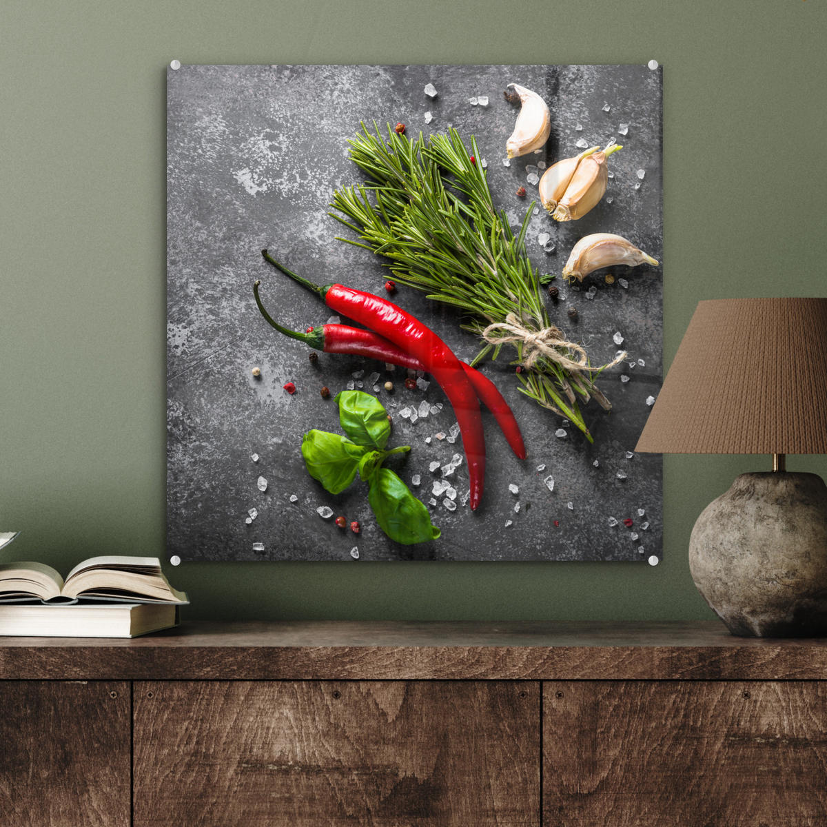 OBRAZ NA AKRYLOVOM SKLE Korenie - bylinky - korenie - betón 50x50 cm - tmavosivá, sklo (50/50cm) - MuchoWow