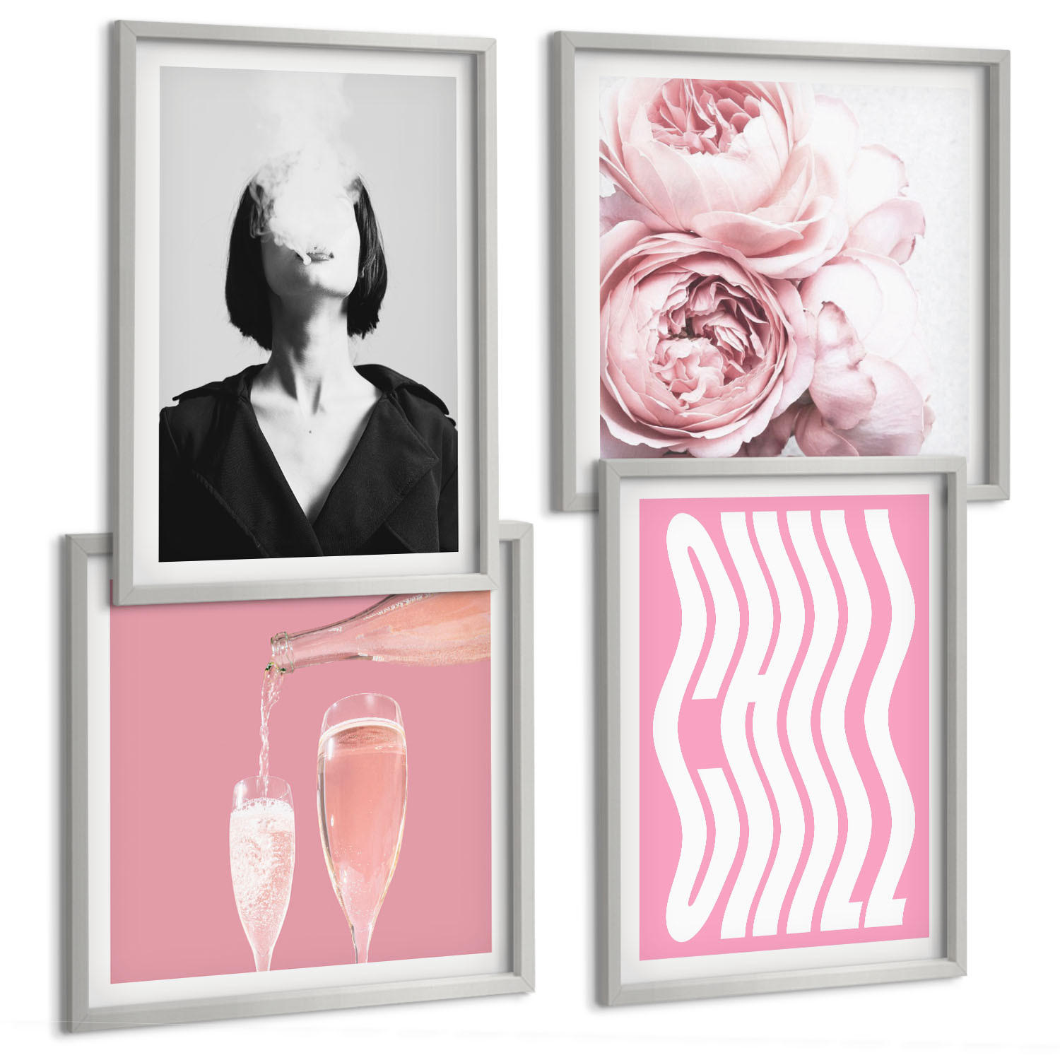 BILDER SET 4er Set - 50x50 cm & 40x60 cm Silberner Rahmen - Stilvolles Porträt mit Champagner - Silberfarben, Kunststoff (50/50cm) - TULUP