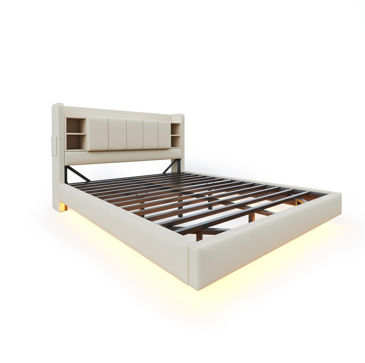 POLSTERBETT 140/200 cm mit LED-Lichtleiste, USB-Anschluss und Stauraum-Kopfteil, Leinenstoff, Beige - Beige, Textil (140/200cm) - Redom