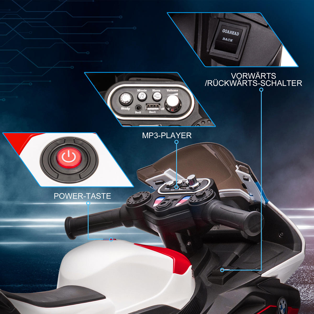 ELEKTRO KINDERMOTORRAD, Blau/Rot, PP+ Metall - Rot, Kunststoff (82.5/42/54cm) - HOMCOM