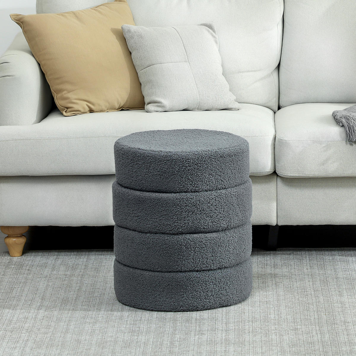 SITZHOCKER, Fußhocker, Runder Polsterhocker, Fußstütze mit Sitzkissen - Dunkelgrau/Naturfarben, Holz/Textil (40/45/40cm) - HOMCOM