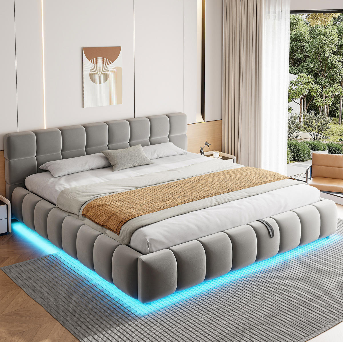 POLSTERBETT 180/200 cm aus Samt mit LED-Beleuchtung und hydraulischem Stauraum Grau - Grau, Textil (180/200cm) - Modenvie
