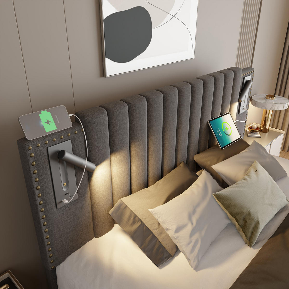 POLSTERBETT 160/200 cm in Grau Stoff mit Bettkasten, Leselicht und USB - Grau, Holzwerkstoff/Textil (160/200cm) - WISHDOR