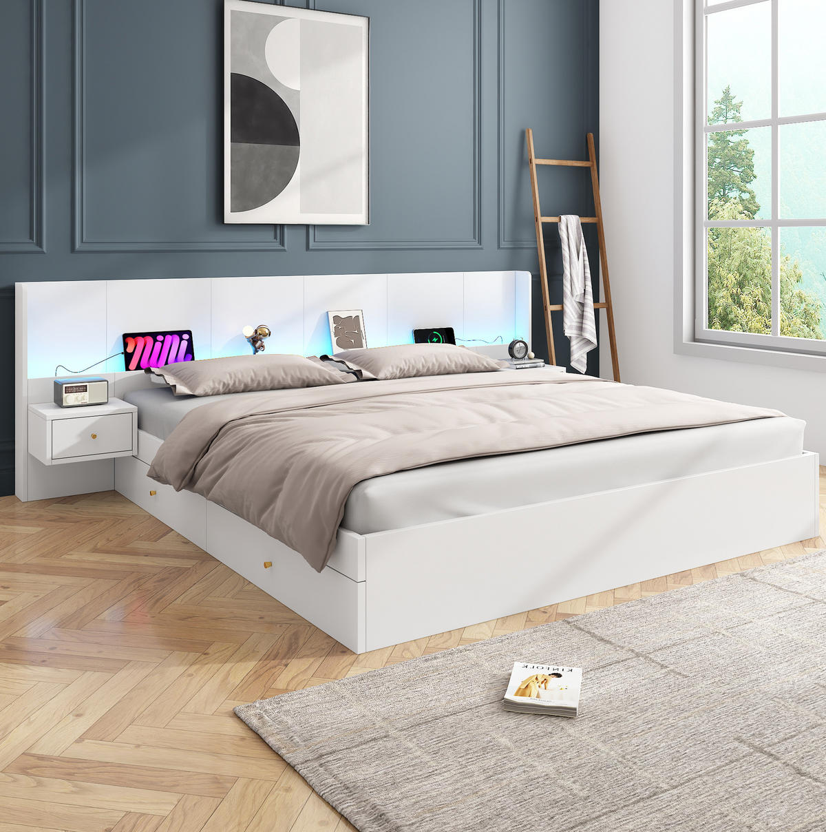 DOPPELBETT 180/200 cm mit USB-Anschlüssen, Steckdosen, LED-Beleuchtung und 2 Nachttischen mit Schubladen, Weiß - Weiß, Holzwerkstoff (180/200cm) - Redom