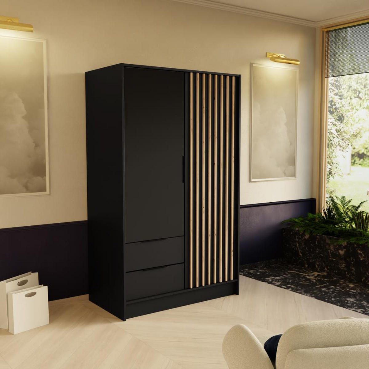 DREHTÜRENSCHRANK Nero 100/51/200 cm mit Lamellen schwarz - Schwarz, Holzwerkstoff (100/200/51cm) - Beautysofa
