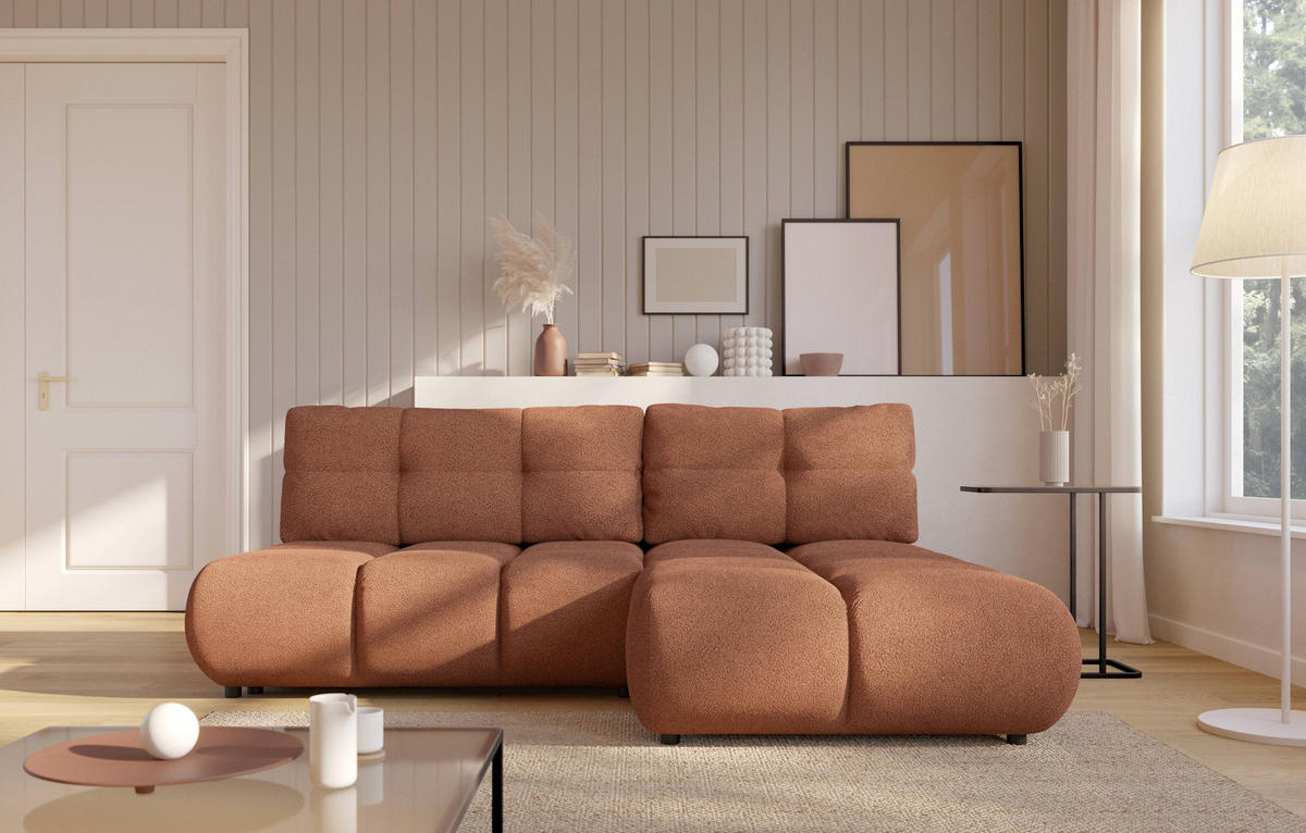 ECKSOFA CORSO R-S Orange Boucle-Stoff mit Schlaffunktion - Orange, Holz (230/177cm) - MASSENO