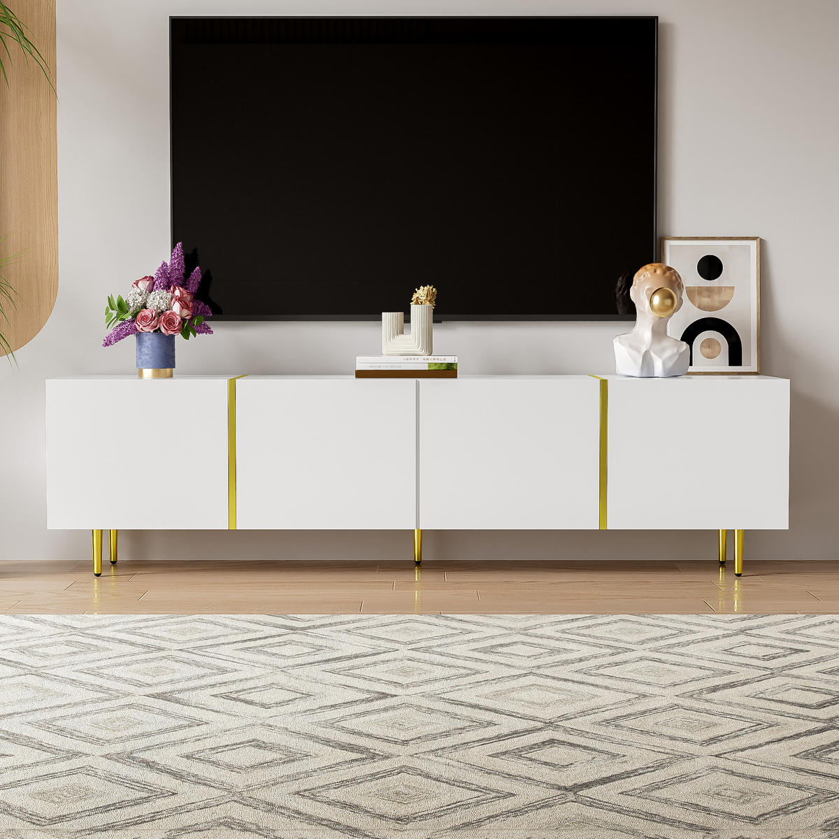 TV Lowboard 170x35x46 cm, 4 Türen, goldene Linien, Weiß - Weiß, Holz (170/46/35cm)