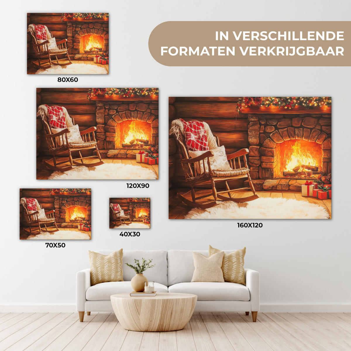 LEINWANDBILD Winter - Weihnachten - Zuhause - Kamin Wandbild 40x30 cm - Bernsteinfarben, Textil (40/30cm) - MuchoWow