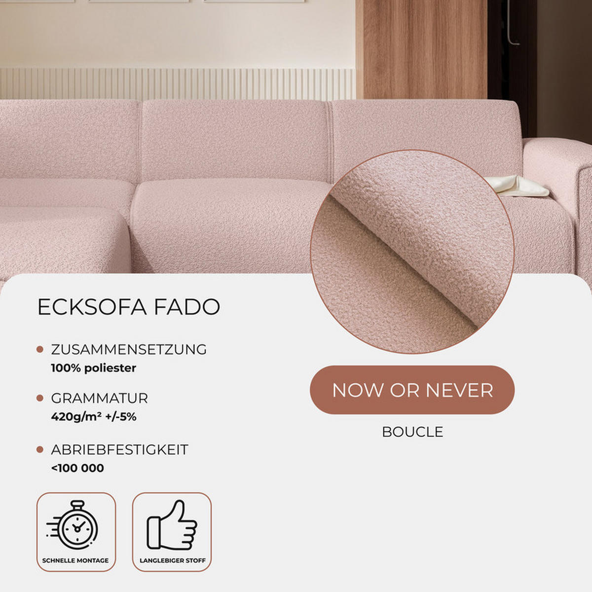 ECKSOFA ZAVO Feiner Mischstoff in Rosa - Rosa, Holzwerkstoff/Kunststoff (310/218cm) - Idohome