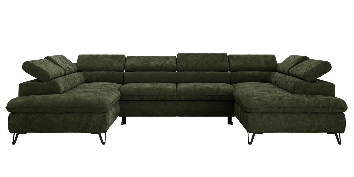 WOHNLANDSCHAFT PABLO U Schenille glatt Dunkelgrün mit Topper T25 - Dunkelgrün/Schwarz, Textil/Metall (346/76/208cm) - MKS