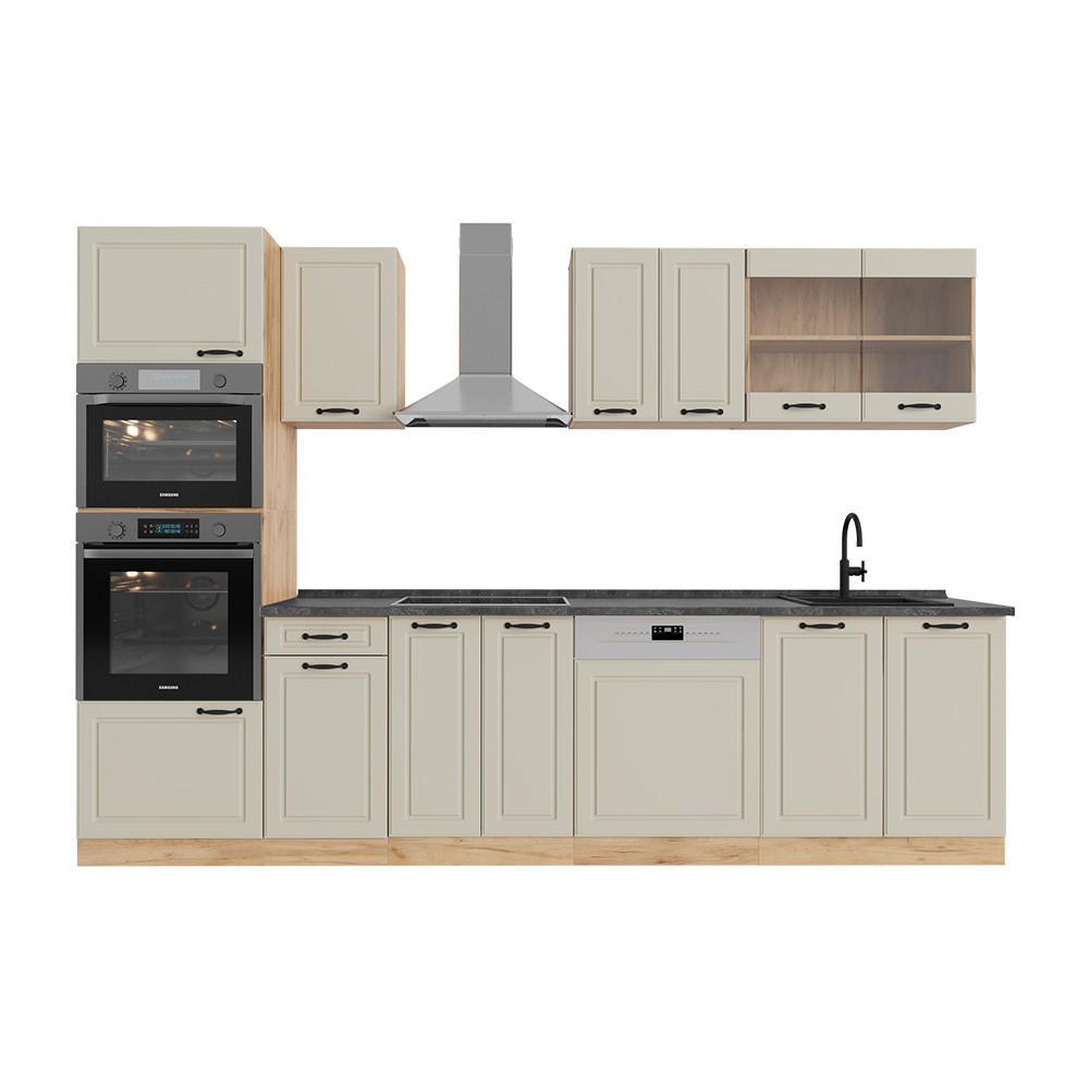 KÜCHENZEILE R-Line, Sand Landhaus/Goldkraft Eiche, 300 cm Arbeitsplatte Anthrazit - Honigeiche/Beige, Holzwerkstoff (300/206.8/60cm) - Vicco