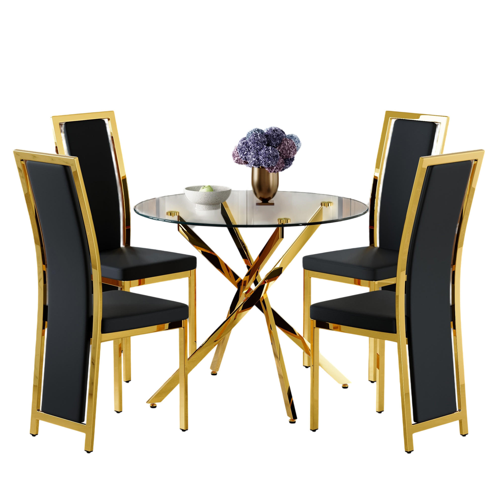 ESSGRUPPE DE-39460 5-teilig, Glastisch und 4 Stühlen mit Goldkante Schwarz - Goldfarben/Schwarz, Metall (88/75/88cm) - ComfortXL