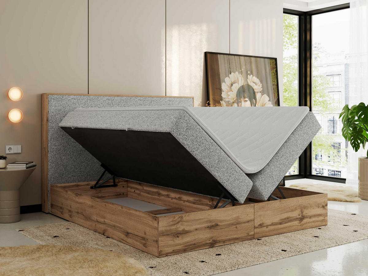 BOXBETT WOOD CLASSIC 200/200 - Hellgrau Strukture - H4 - Hellgrau, Textil (200/200cm) - MKS