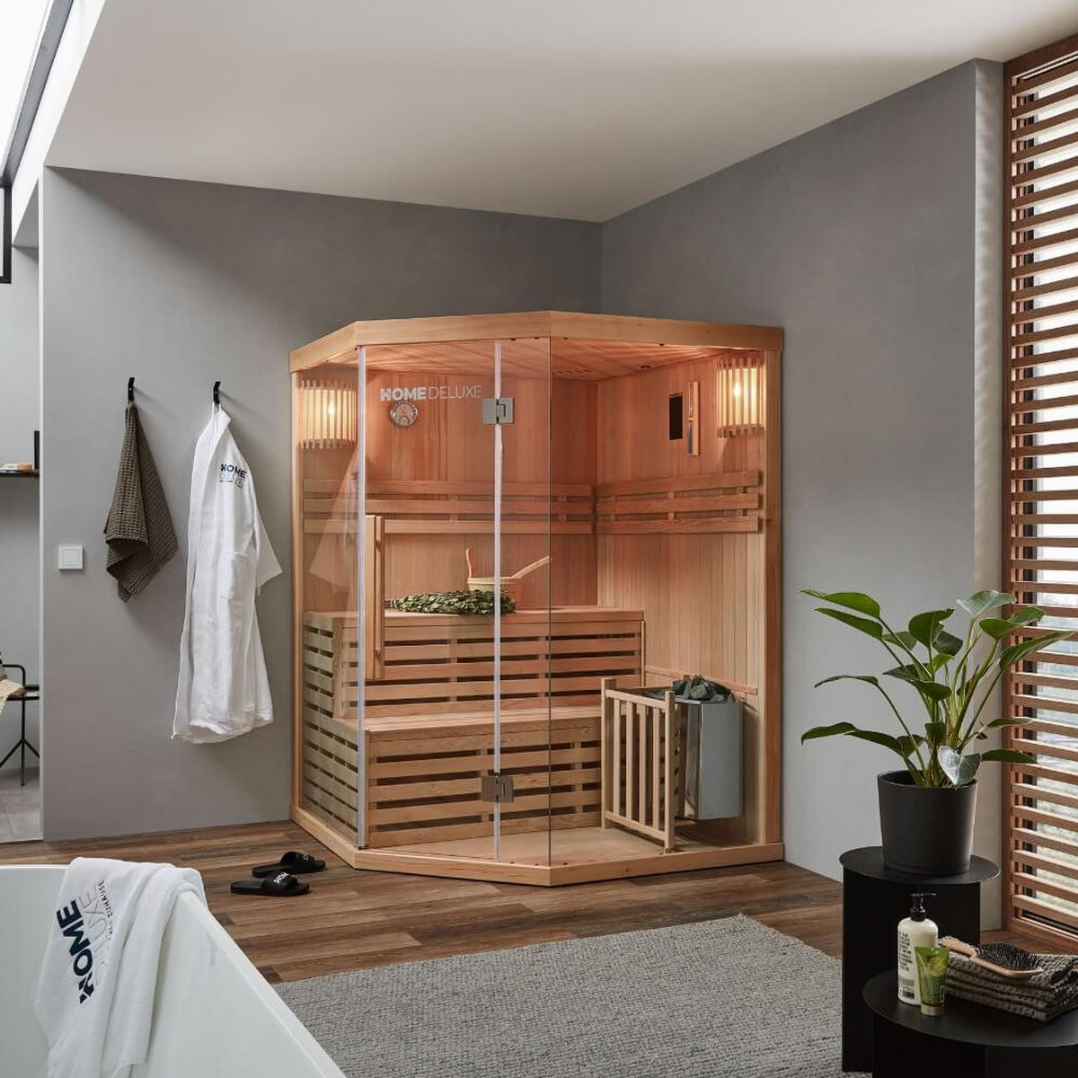 TRADITIONELLE Sauna SKYLINE XL - 150 x 150 cm für 3 Personen - Naturfarben, Holz (150/200/150cm) - Home Deluxe