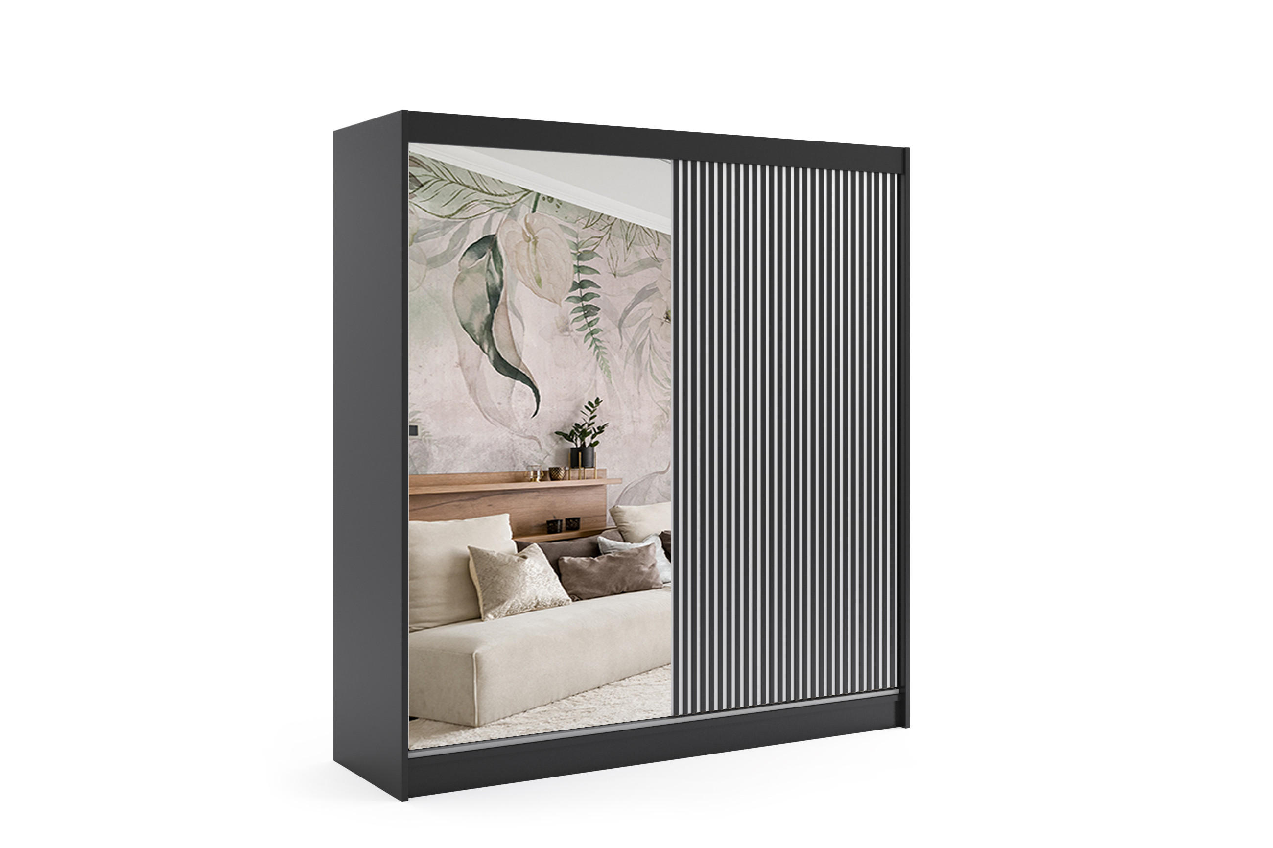 KLEIDERSCHRANK VILAN mit Spiegel - 200 cm - Schwarz - Schwarz, Holzwerkstoff (200/215/61cm) - ALTDECOR