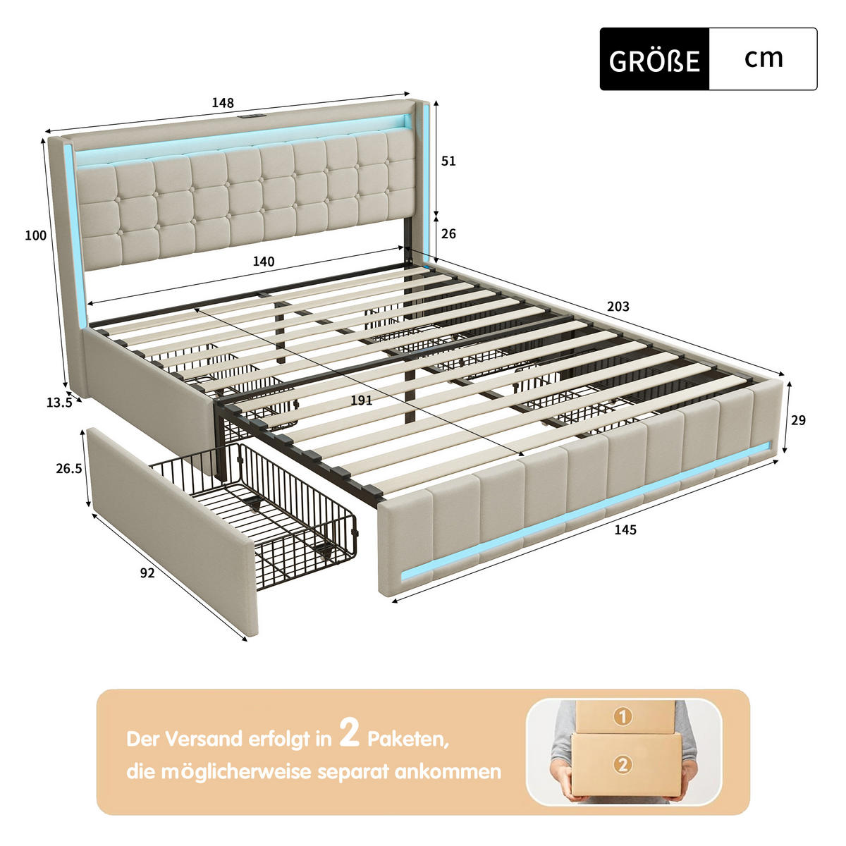 DOPPELBETT 140x190 cm, LED, USB, 4 Metallschubladen, Leinen, Beige - Beige, Metall - SHOPENTRA
