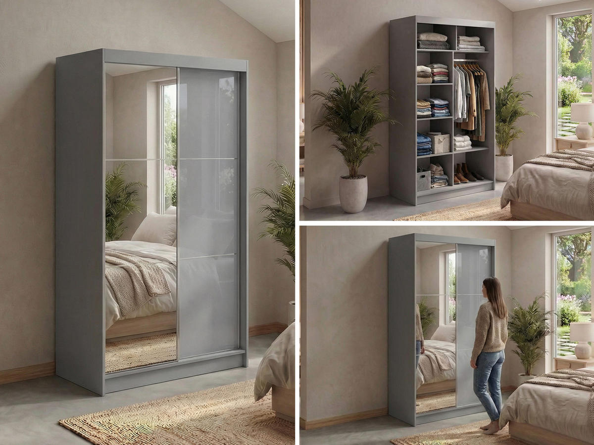 SCHWEBETÜRENSCHRANK mit Spiegel - WALENCJA - 120 - Grau lacobel - Alufarben/Grau, Holzwerkstoff/Metall (120/216/61cm) - MKS