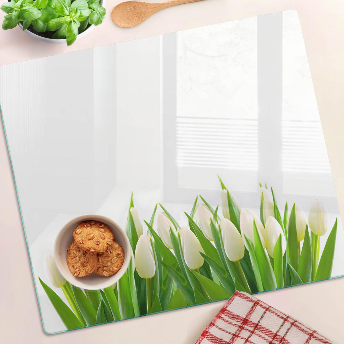 GLASPLATTE 60x52 cm Weiße Tulpen - Grün, Glas (60/0.4/52cm) - TULUP